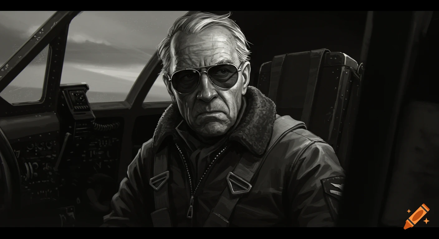 Monochrome cinematic portrait of an old pilot in a cockpit