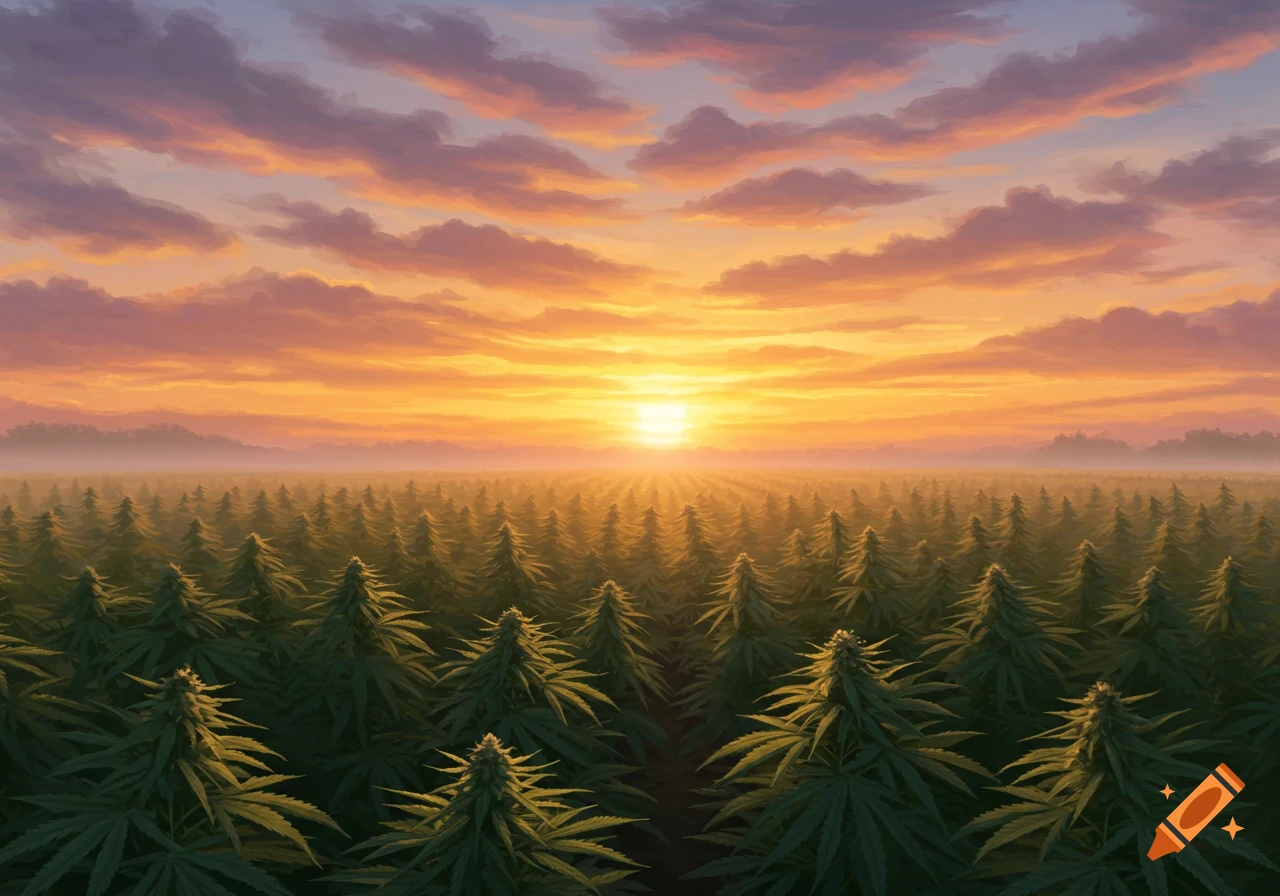 A field of cannabis plants under a colorful sunrise sky.