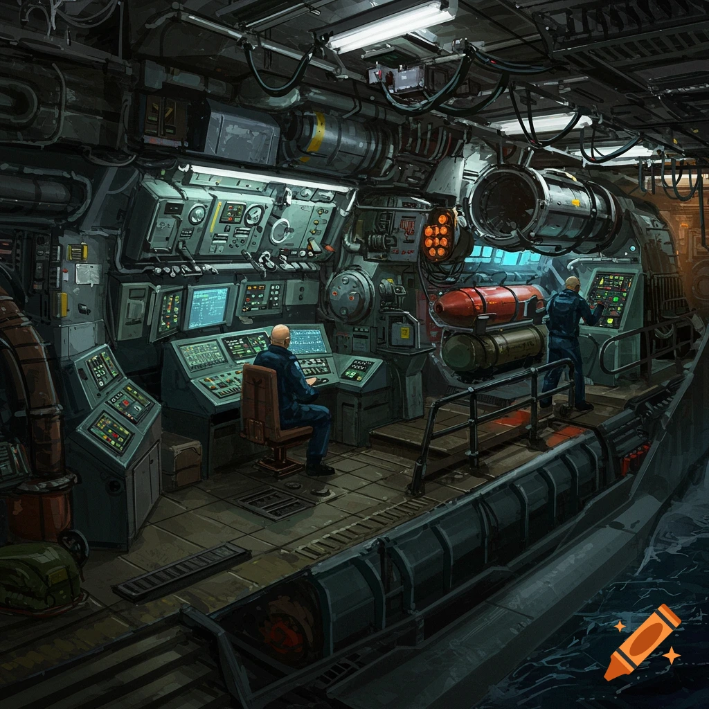 Two crew members work at controls in a detailed submarine interior, war art style.