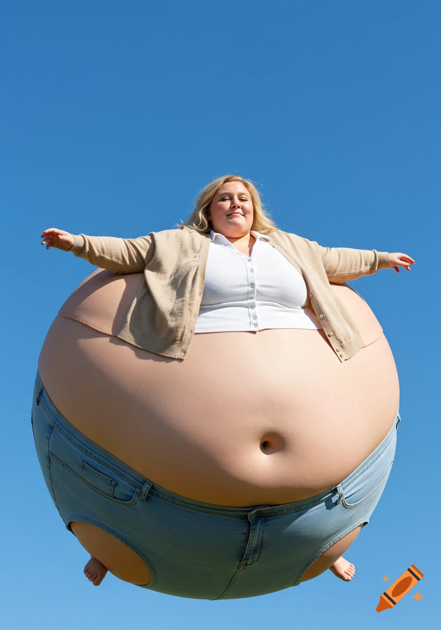 A blonde woman floating in a blue sky with her body inflated like a balloon, wearing a cardigan and jeans.
