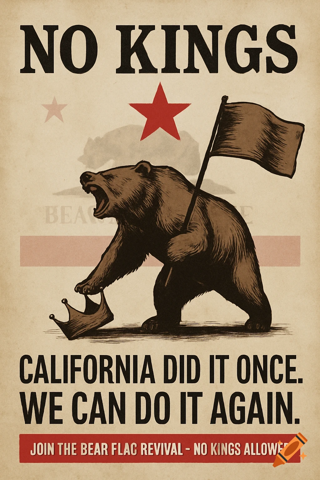 Vintage style poster featuring a bear holding a flag and stepping on a crown, with text "NO KINGS" and "California Did It Once. We Can Do It Again.".