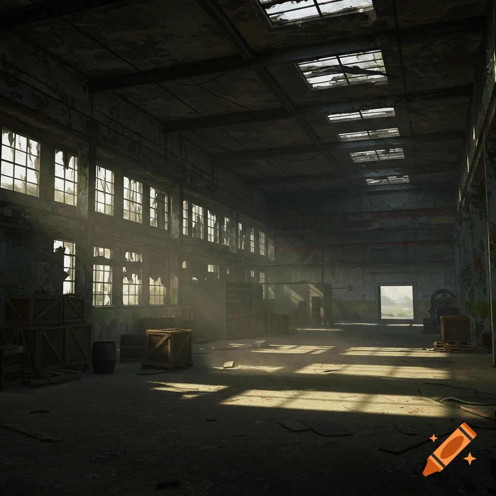 Sunlight streams into an abandoned, dilapidated warehouse with broken windows and scattered crates.