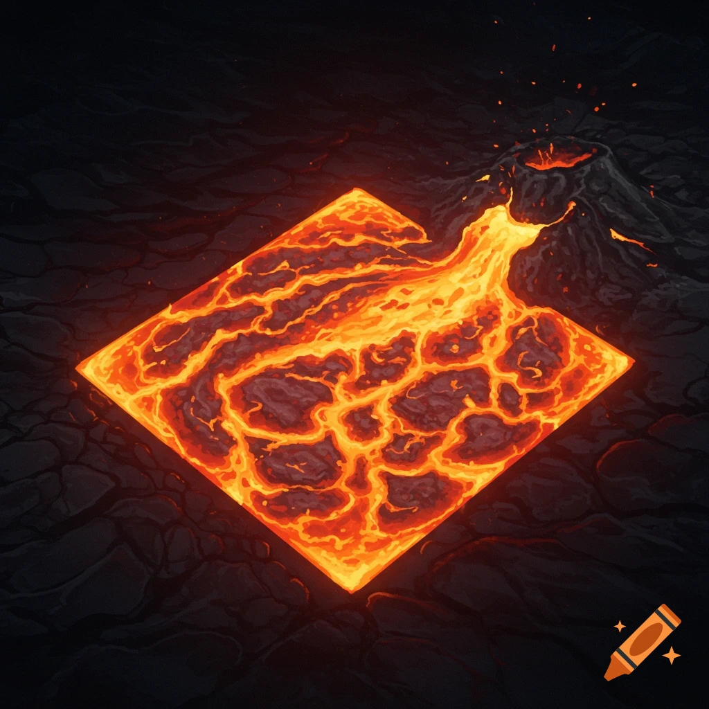 Illustration of a square of molten lava flowing from a volcano onto dark ground.
