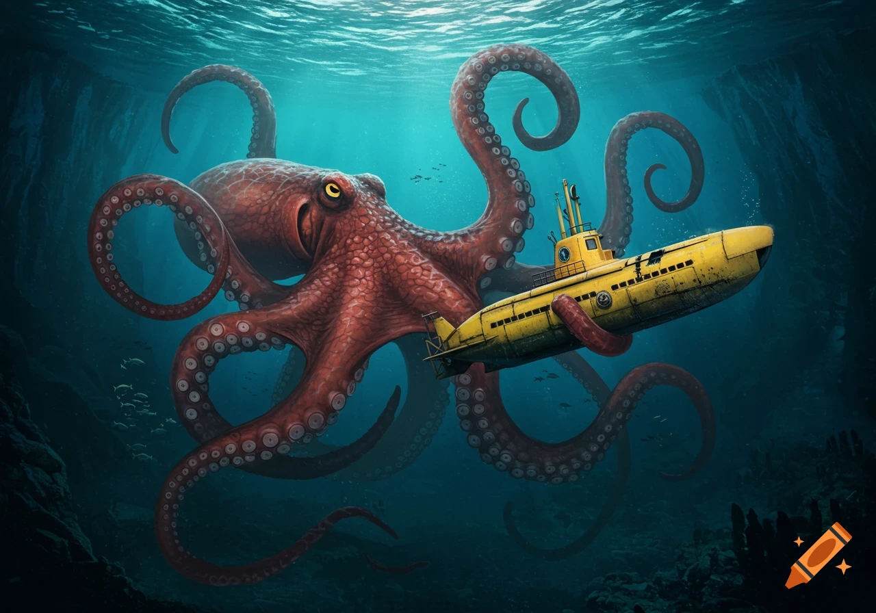 A giant red octopus attacks a yellow submarine deep underwater.