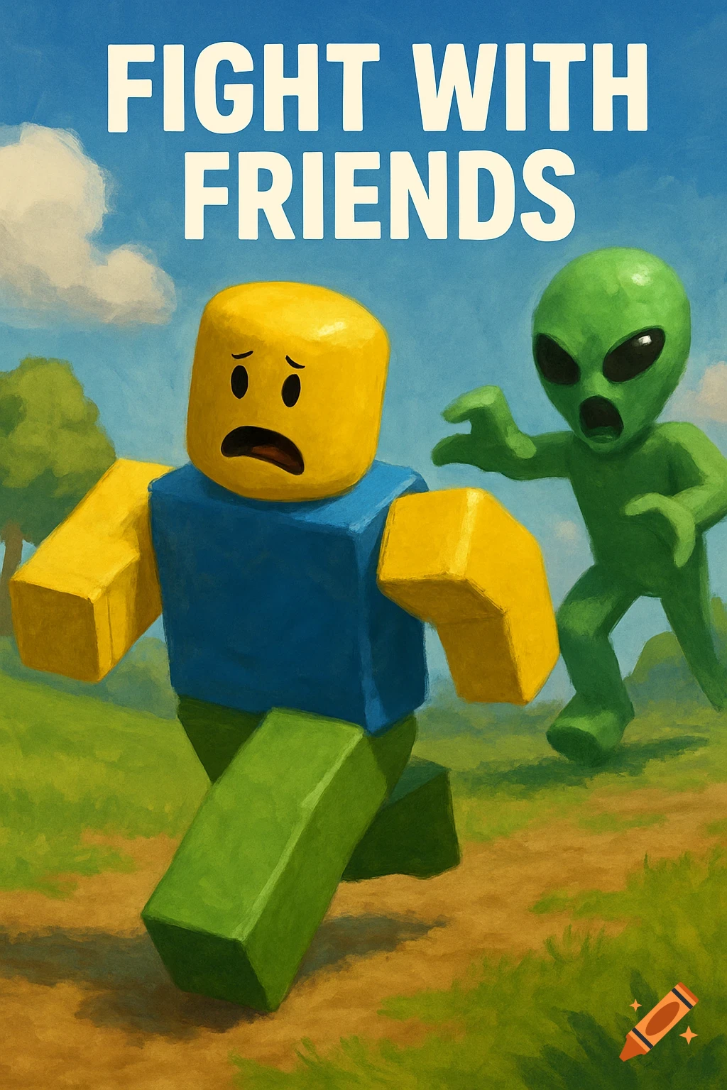 A Roblox noob character runs from a green alien in a field under text that reads 'FIGHT WITH FRIENDS'. Painted style.