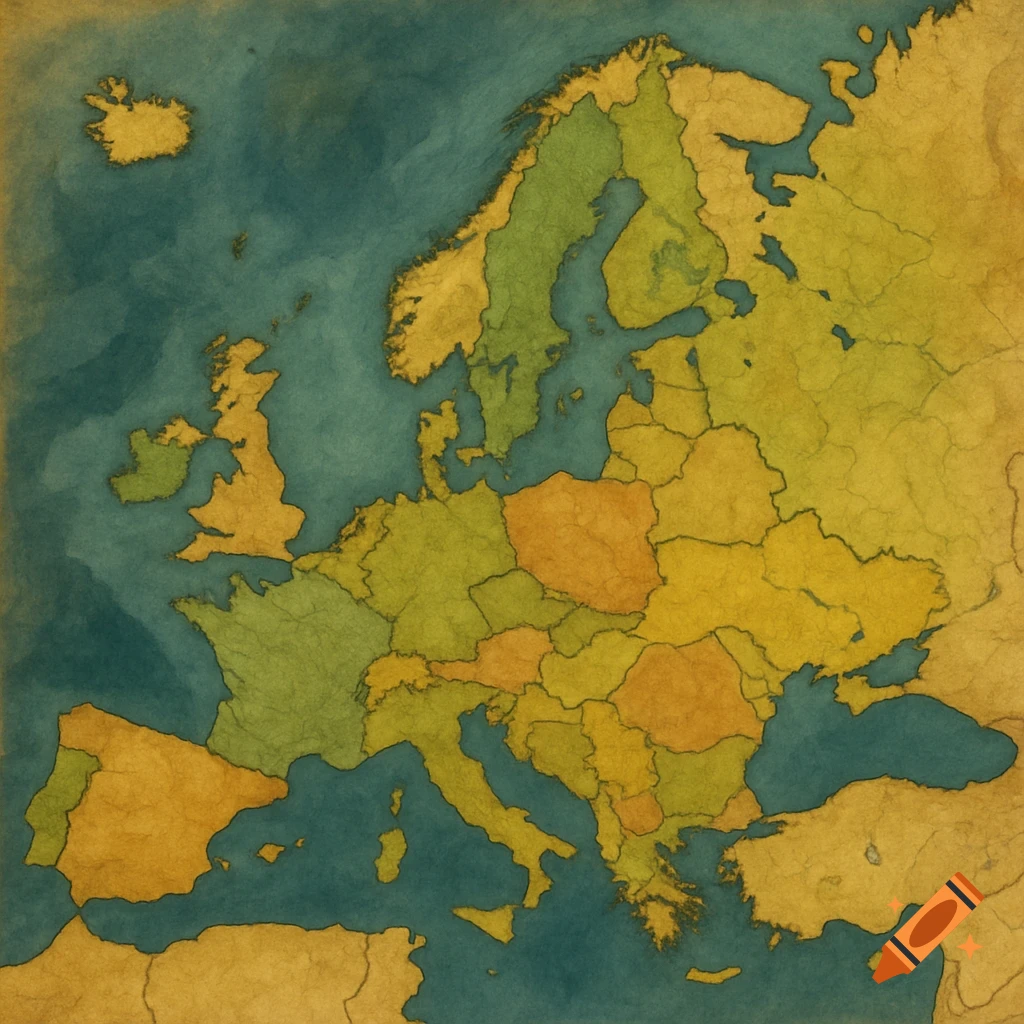 A stylized, textured map of Europe
