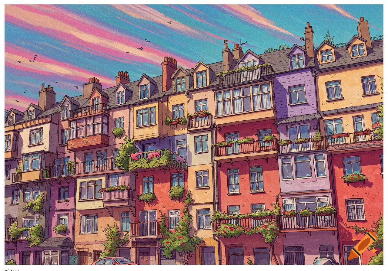Colorful terraced buildings with balconies and flower boxes under a vibrant pink and blue sky in an illustrated style.