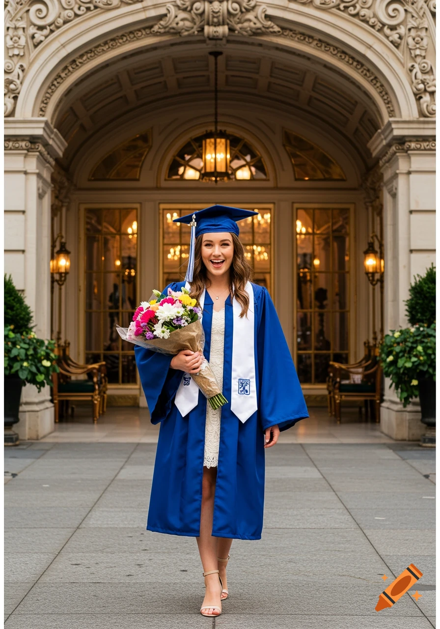 A smiling woman in a blue graduation gown holding a bouquet in front of a grand building.