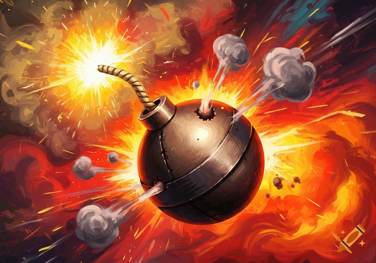 A stylized illustration of a bomb exploding with sparks and smoke.