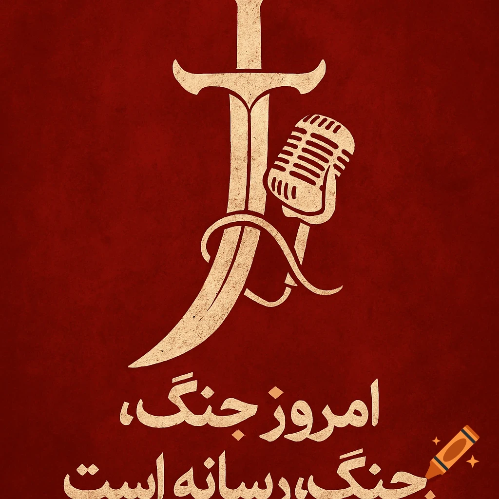Stylized illustration of a sword and microphone with Persian text on red background.