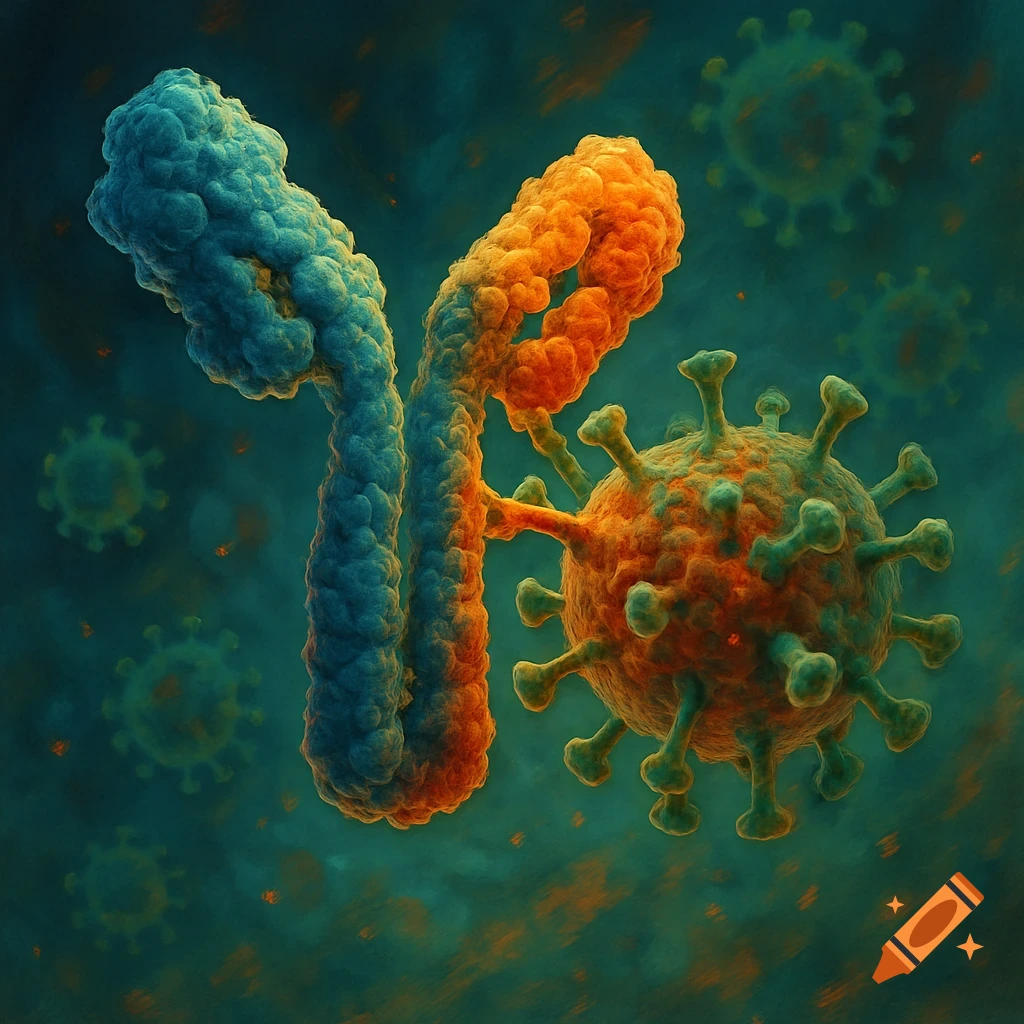 Scientific illustration of an antibody binding to a virus particle.