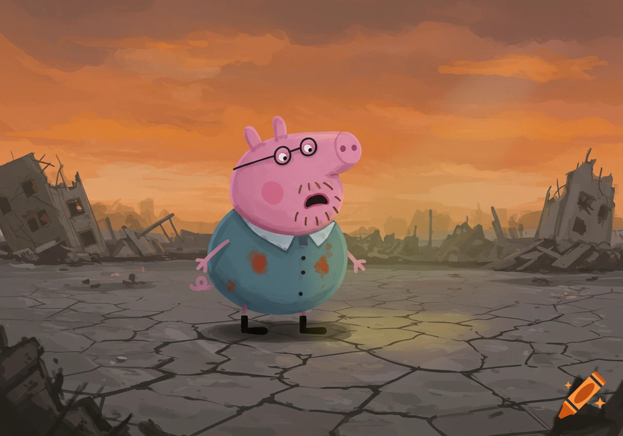 Daddy Pig standing in a destroyed city under an orange sky.