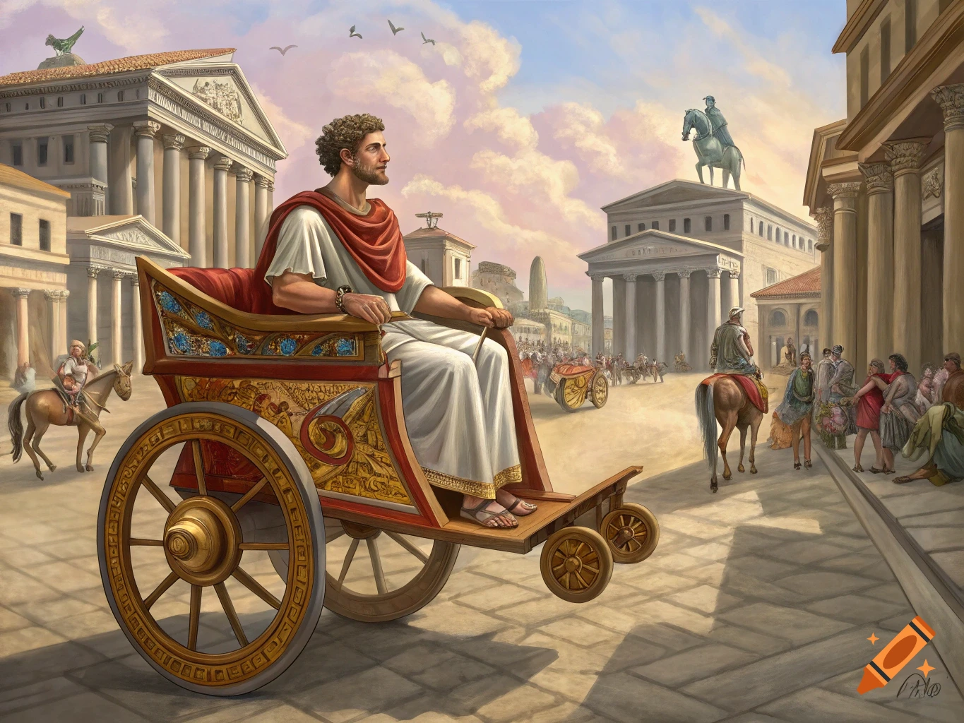 A Roman man in a red and gold chariot rides through a city street past classical architecture and people.