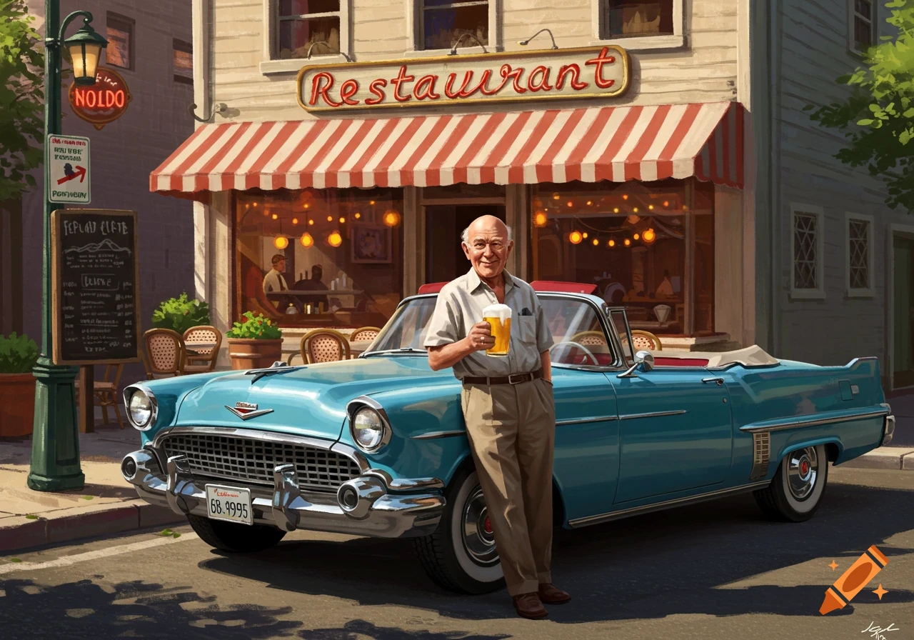 A bald old man stands by a blue classic car, holding a beer in front of a restaurant. Illustration style.