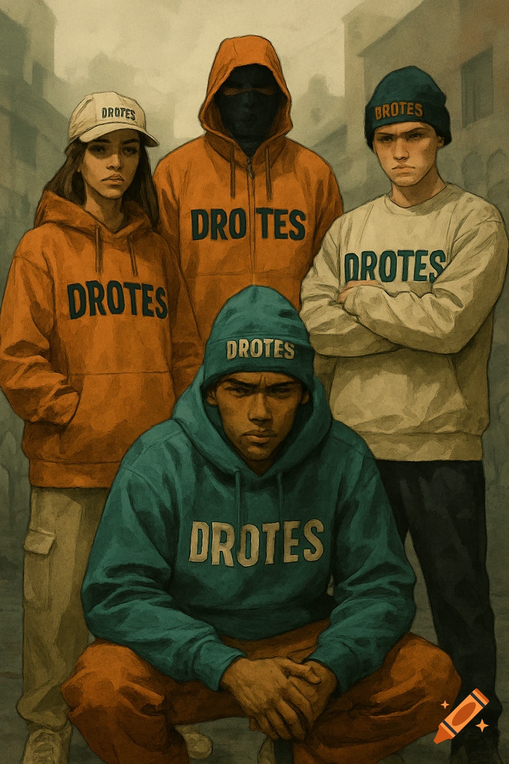 Digital painting of a diverse group wearing streetwear hoodies and beanies with 'DROTES' written on them.