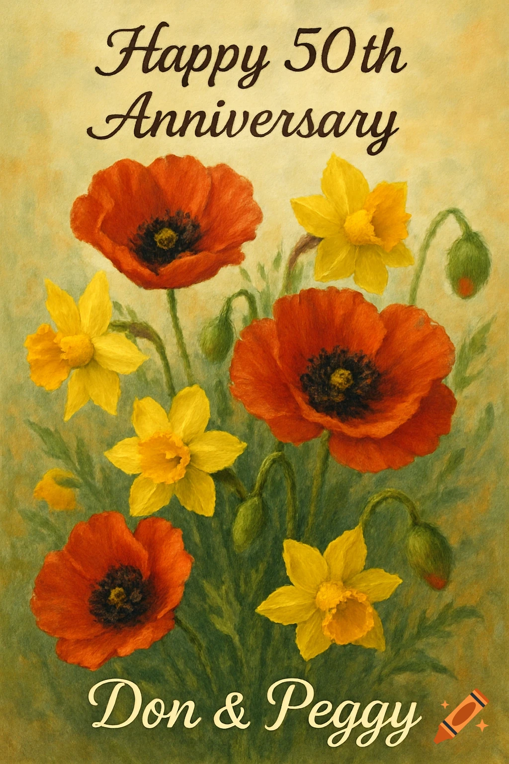 Painting of red poppies and yellow daffodils with text 'Happy 50th Anniversary Don & Peggy'
