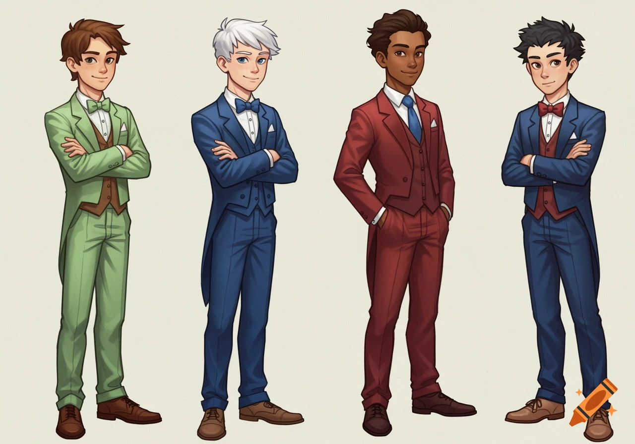 Illustration of four teenage boys standing in colorful tuxedos.