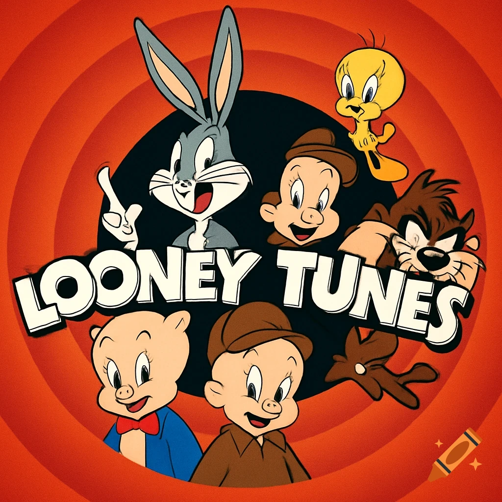 Classic Looney Tunes characters including Bugs Bunny, Tweety Bird, Elmer Fudd, and Taz surrounding the Looney Tunes logo.