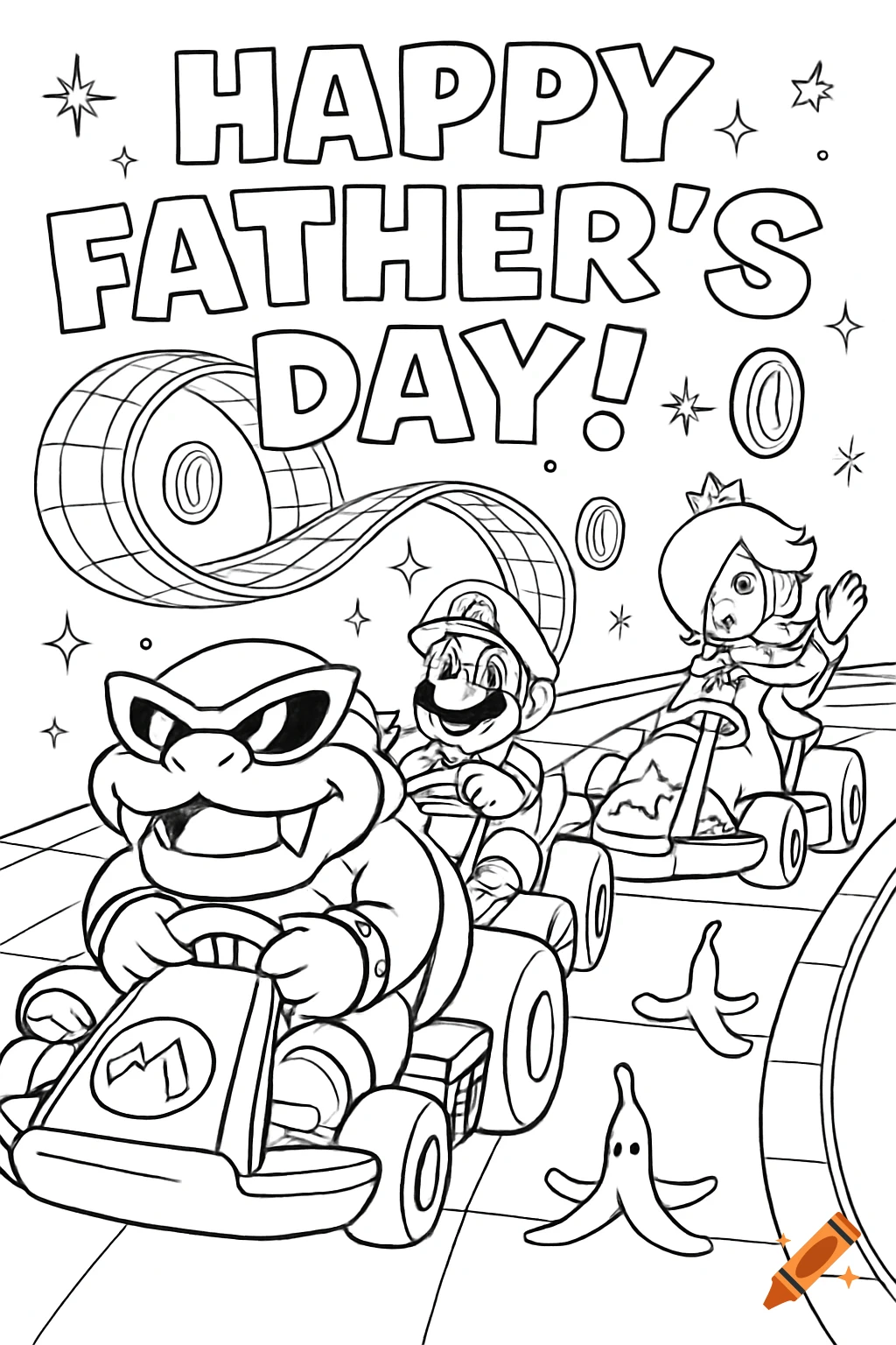 Black and white Mario Kart coloring page featuring Roy, Mario, and Rosalina racing, with the text "HAPPY FATHER'S DAY!" above.
