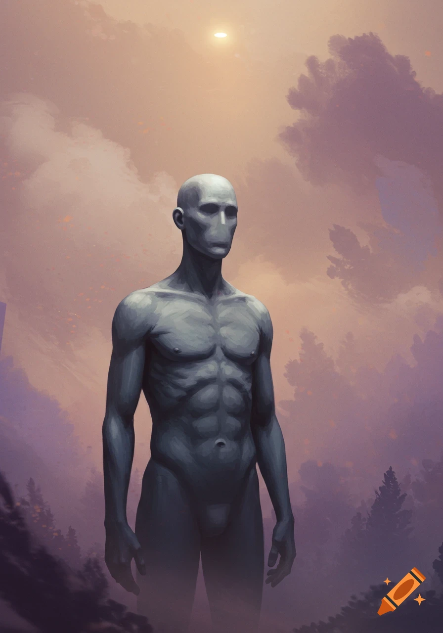 Grey, featureless humanoid figure stands in a stylized landscape under a bright light in a painterly style.