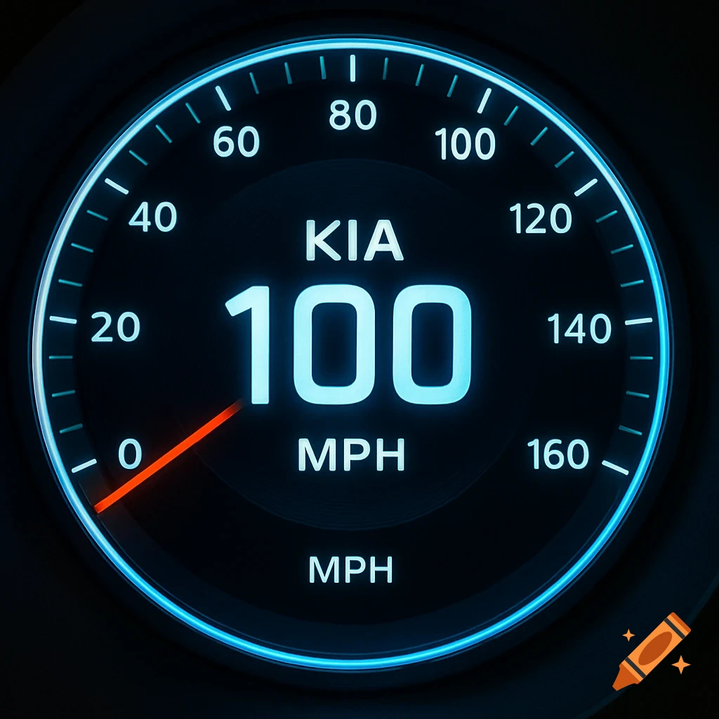 Digital car speedometer showing 100 MPH with KIA logo.