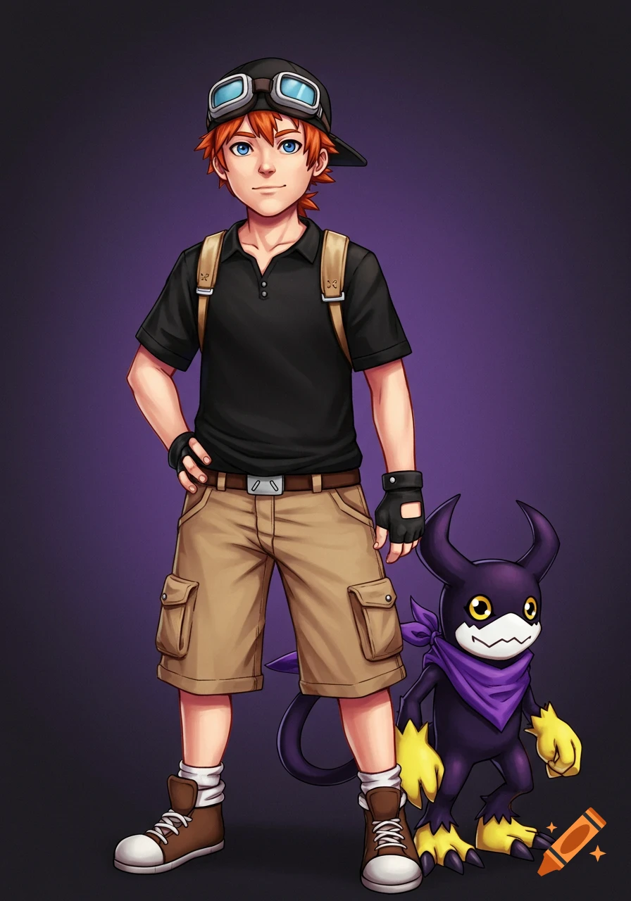 Anime illustration of a boy with red hair and goggles standing with a purple Digimon character.
