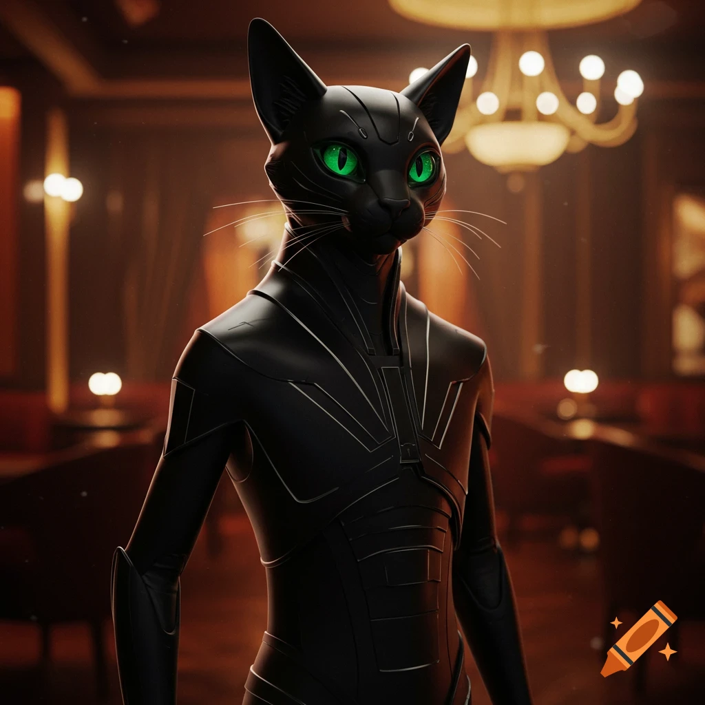 Sleek black anthropomorphic cat with glowing green eyes in a speakeasy ...