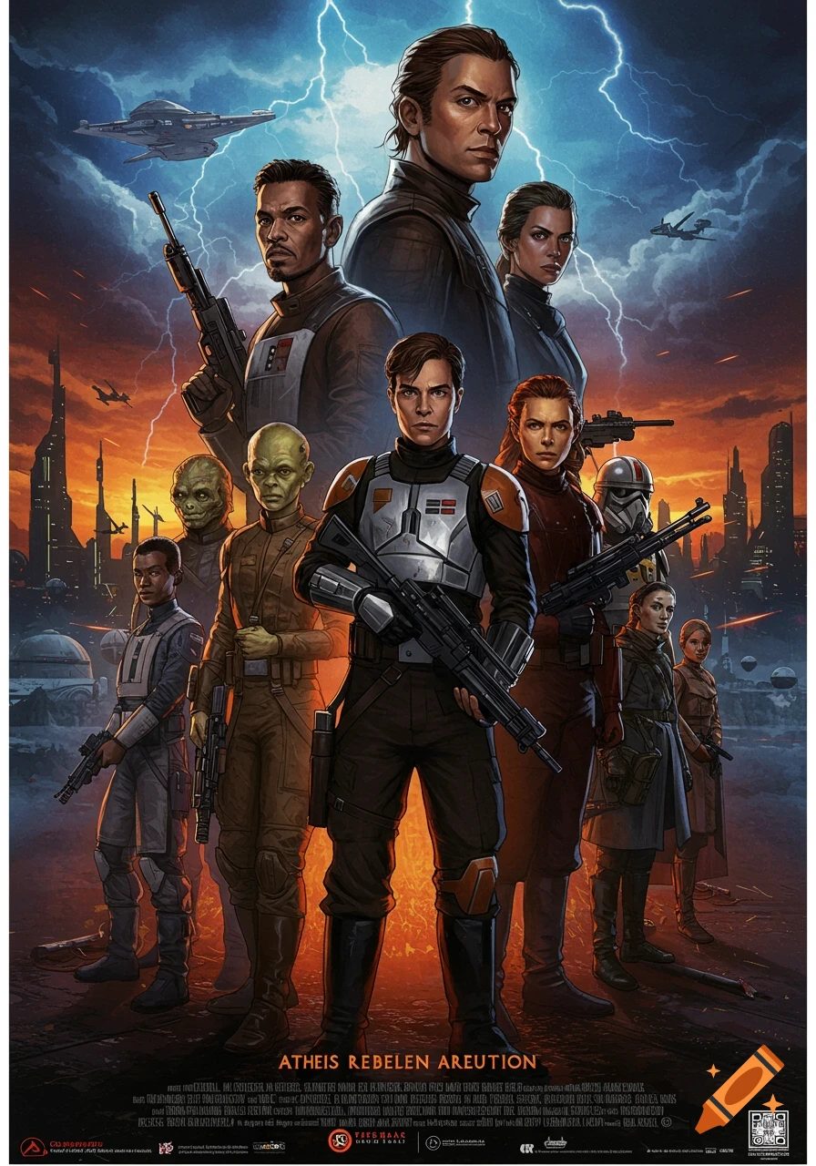 Star Wars inspired movie poster featuring a diverse group of rebels with weapons against a backdrop of a city and lightning.