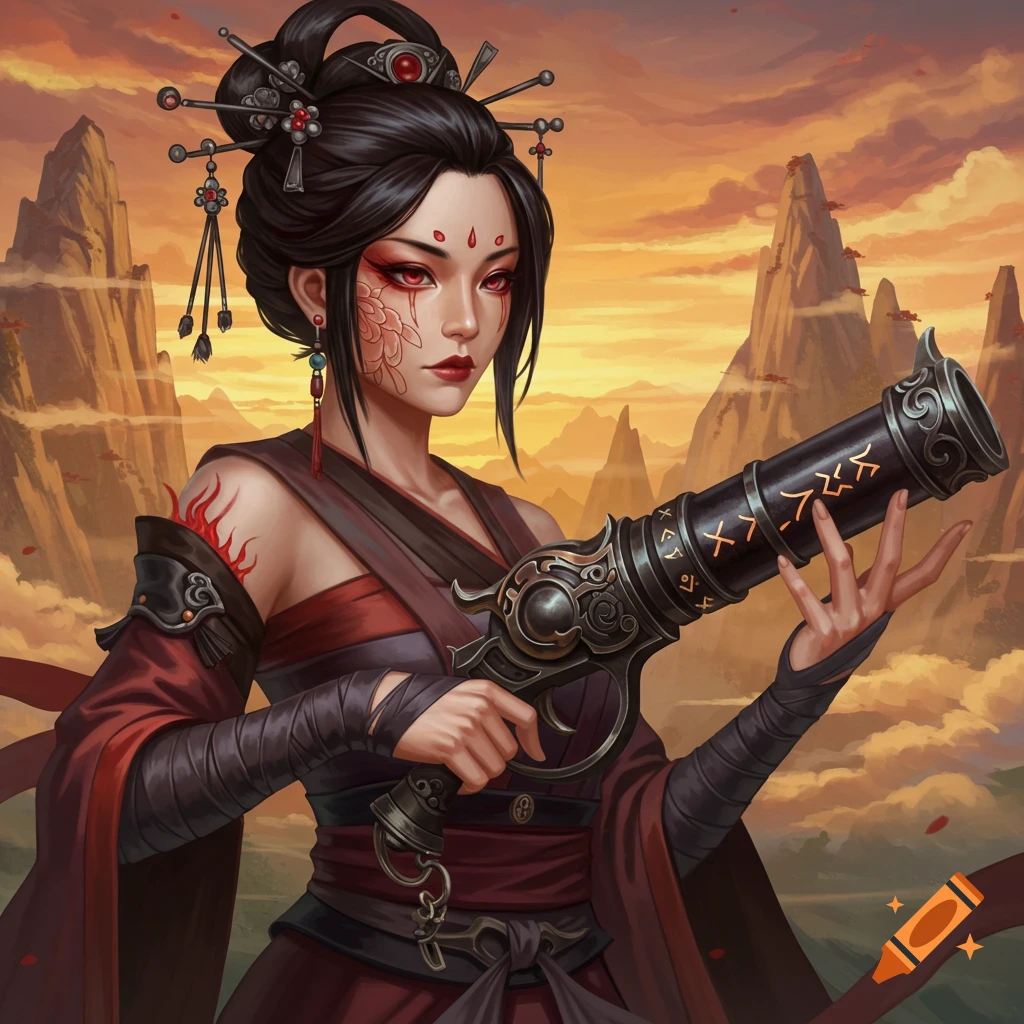 Fantasy illustration of a woman with red makeup and burn scars, holding a large hand cannon.