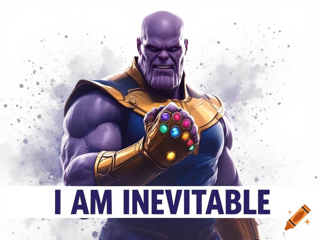 Thanos from Marvel stands with the Infinity Gauntlet, with the text I AM INEVITABLE below