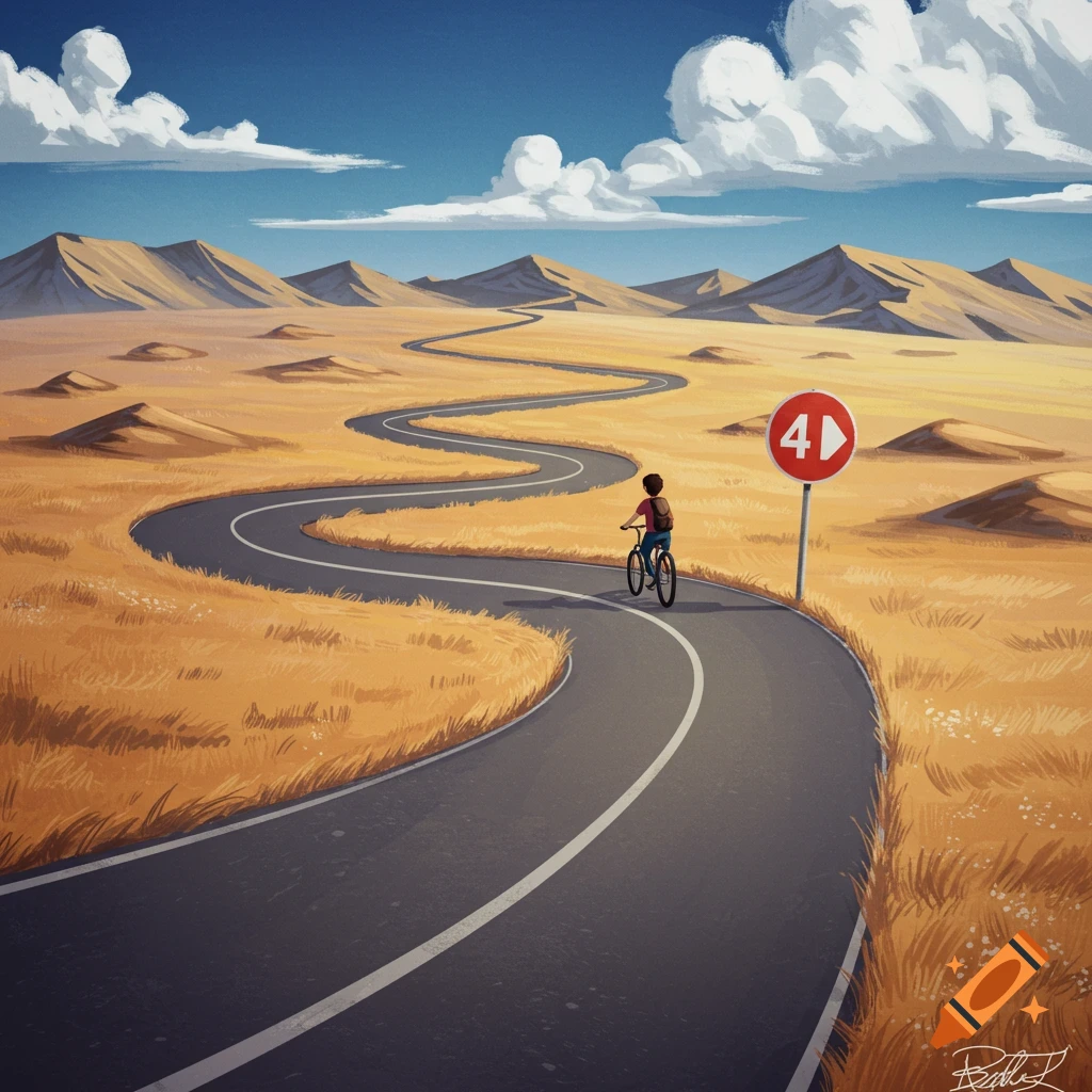Illustrative image of a person riding a bicycle on a winding road through a dry landscape with mountains and a '4' sign.
