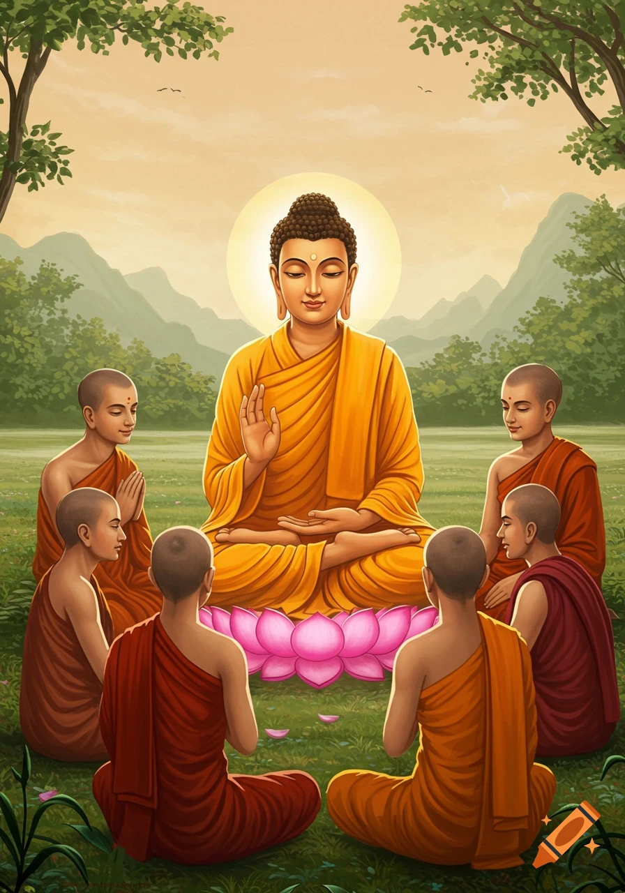 Buddha sits on a lotus surrounded by six monks outdoors