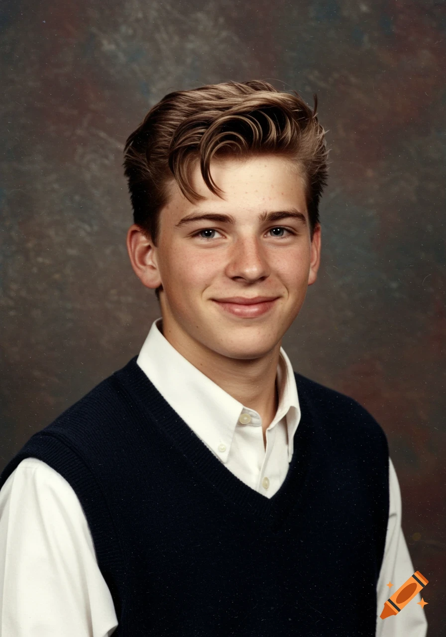 High school yearbook portrait of a teenage male student smiling, wearing a white shirt and navy blue sweater vest.