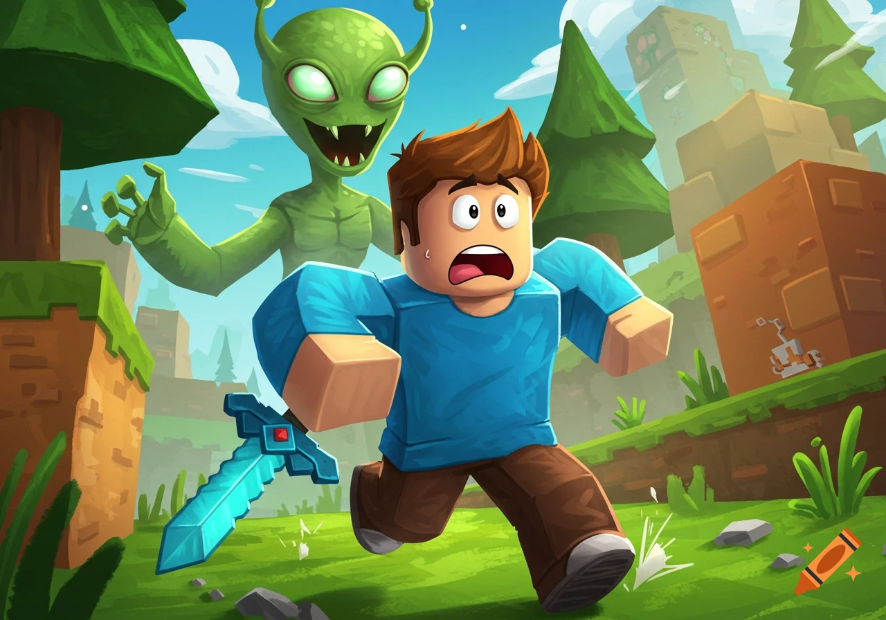 A Roblox-style character runs from a green alien in a blocky landscape.