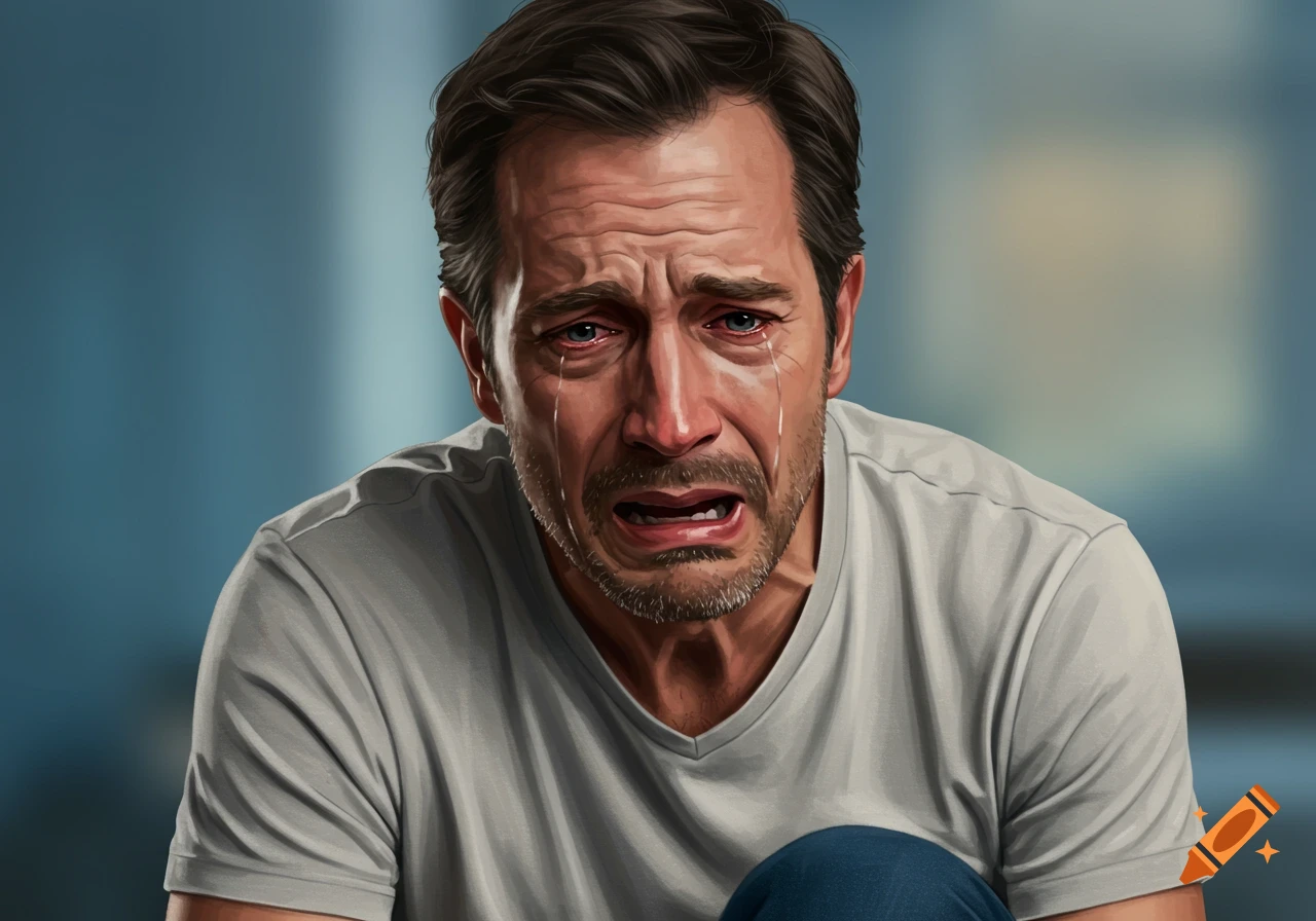 Close-up illustration of a man crying with tears streaming down his face.