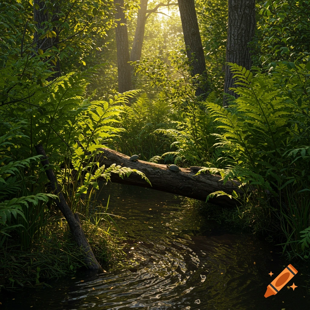 Sunlight filters through trees onto a log bridge over a stream in a lush forest, with turtles on the log.