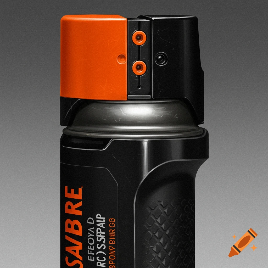 Close-up of a black and orange pepper spray can with visible text label.