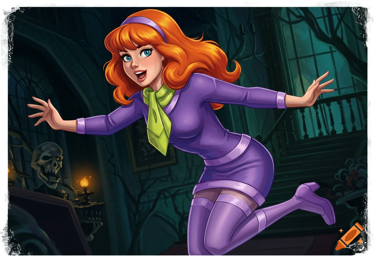 Daphne from Scooby-Doo leaping in a haunted mansion, illustrated style