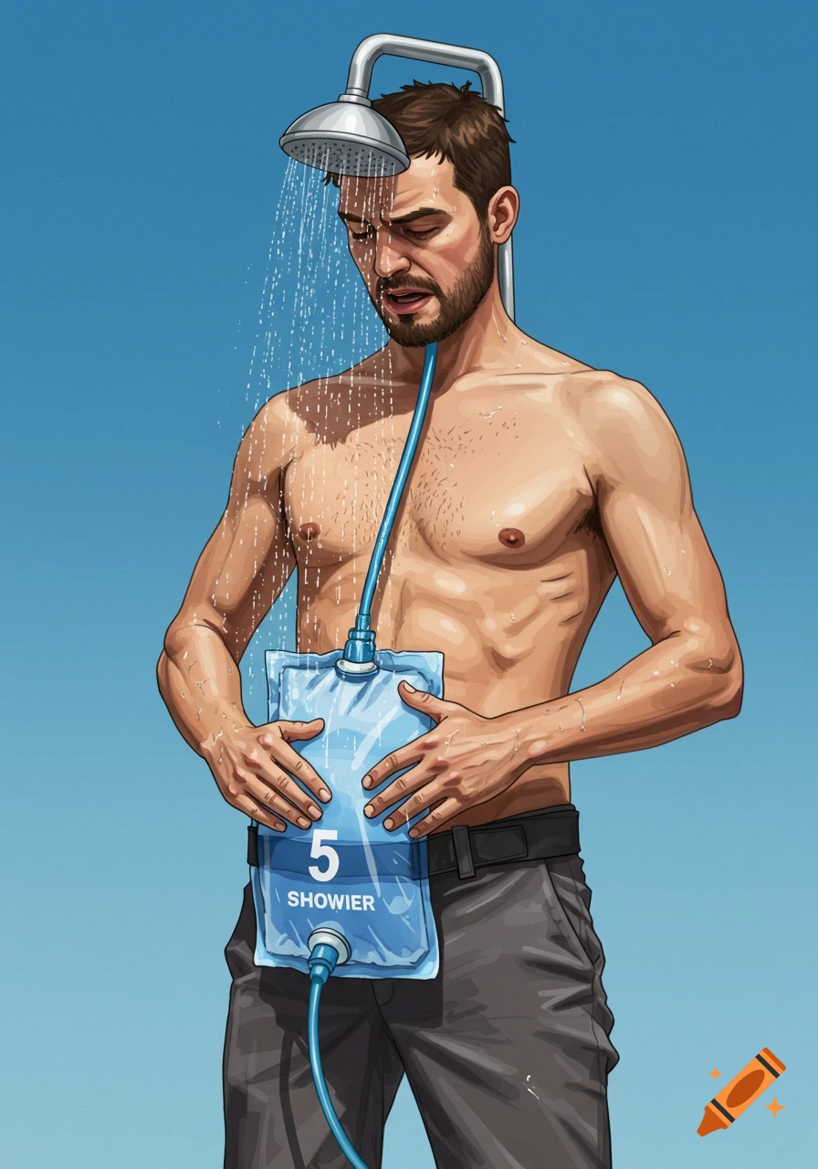 Illustration of a man showering outdoors using a strange device with a bag strapped to his stomach and a shower head.