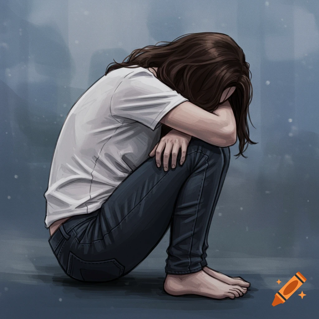 Illustration of a person sitting with head in knees, looking distressed.