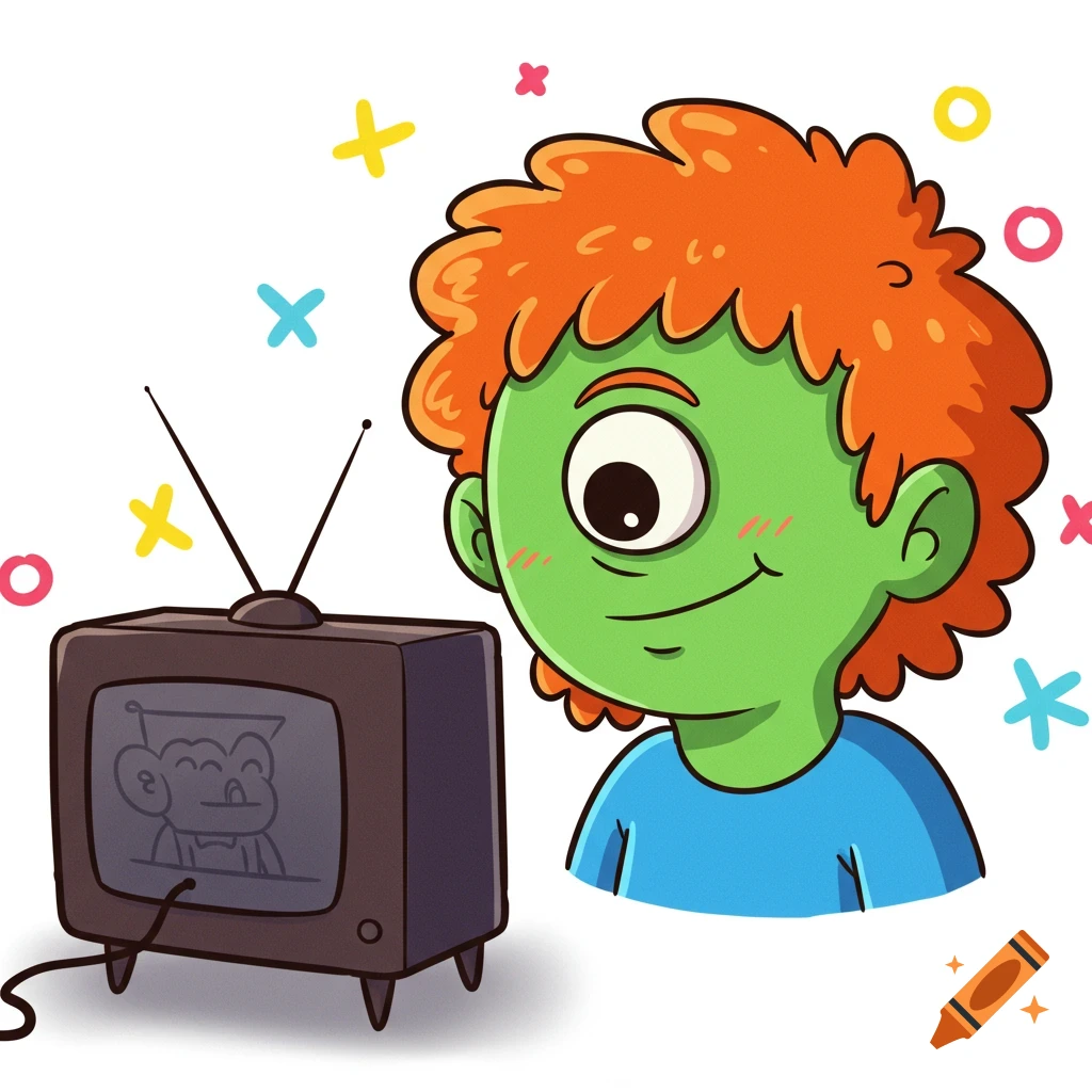 Cartoon cyclops character with orange hair watching a vintage television set.