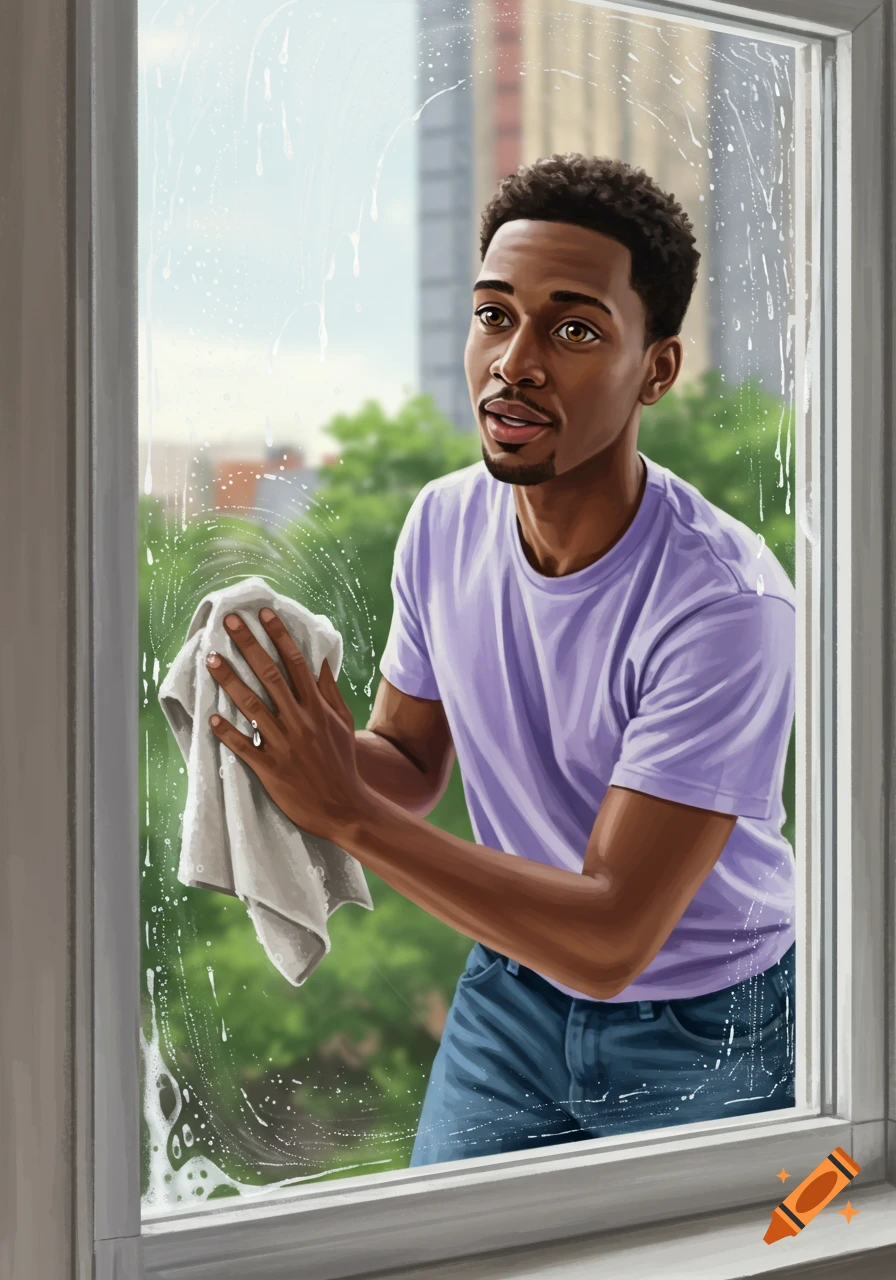 An illustration of a man cleaning a window with a towel and soap