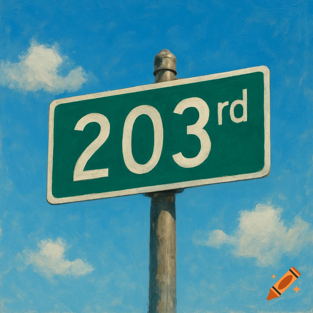 A green street sign reads 203rd against a blue sky with clouds.