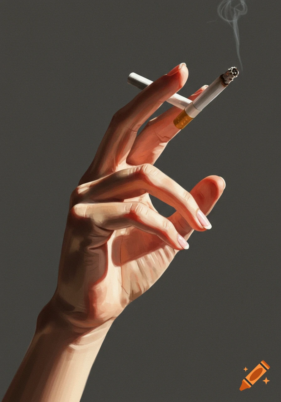 Close-up illustration of a hand holding a lit cigarette with smoke.