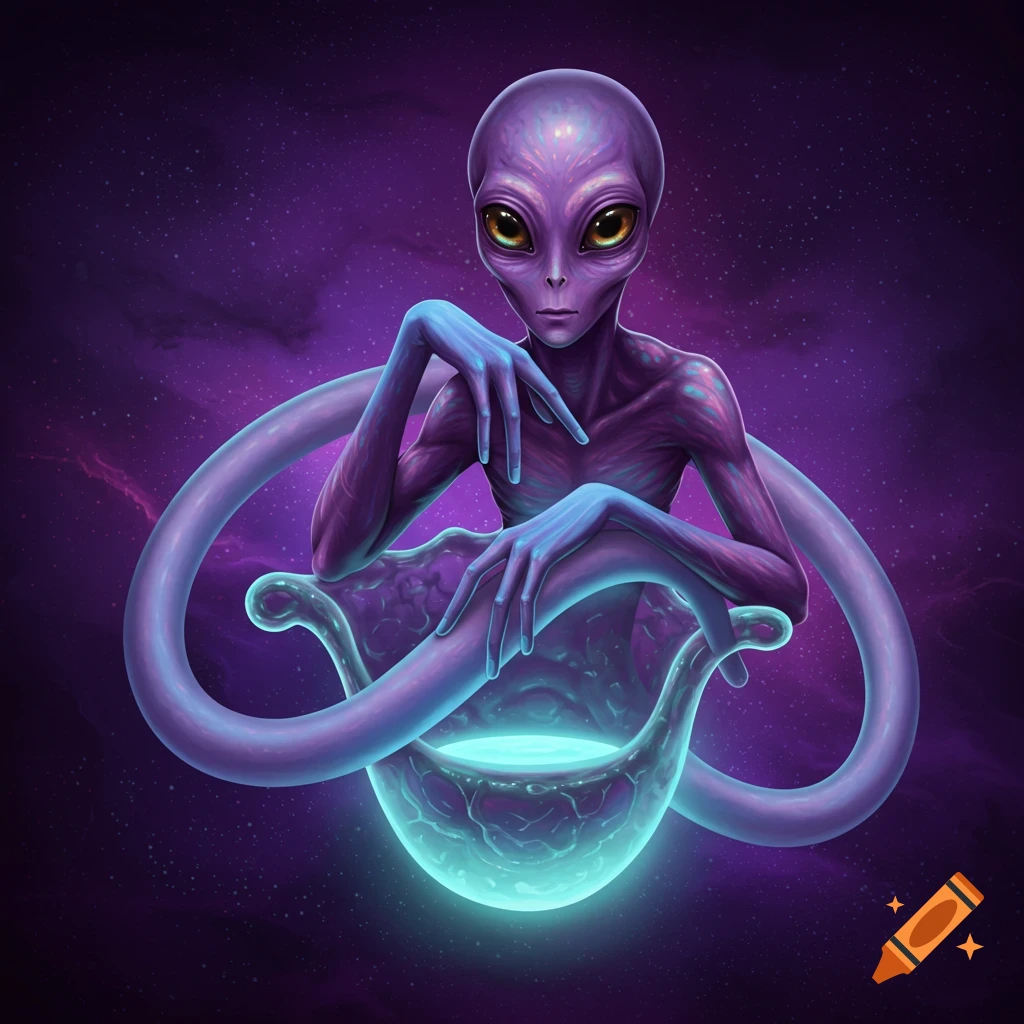 A purple alien with long fingers sits on a glowing basin-like object in a starry purple space background. Digital illustration.
