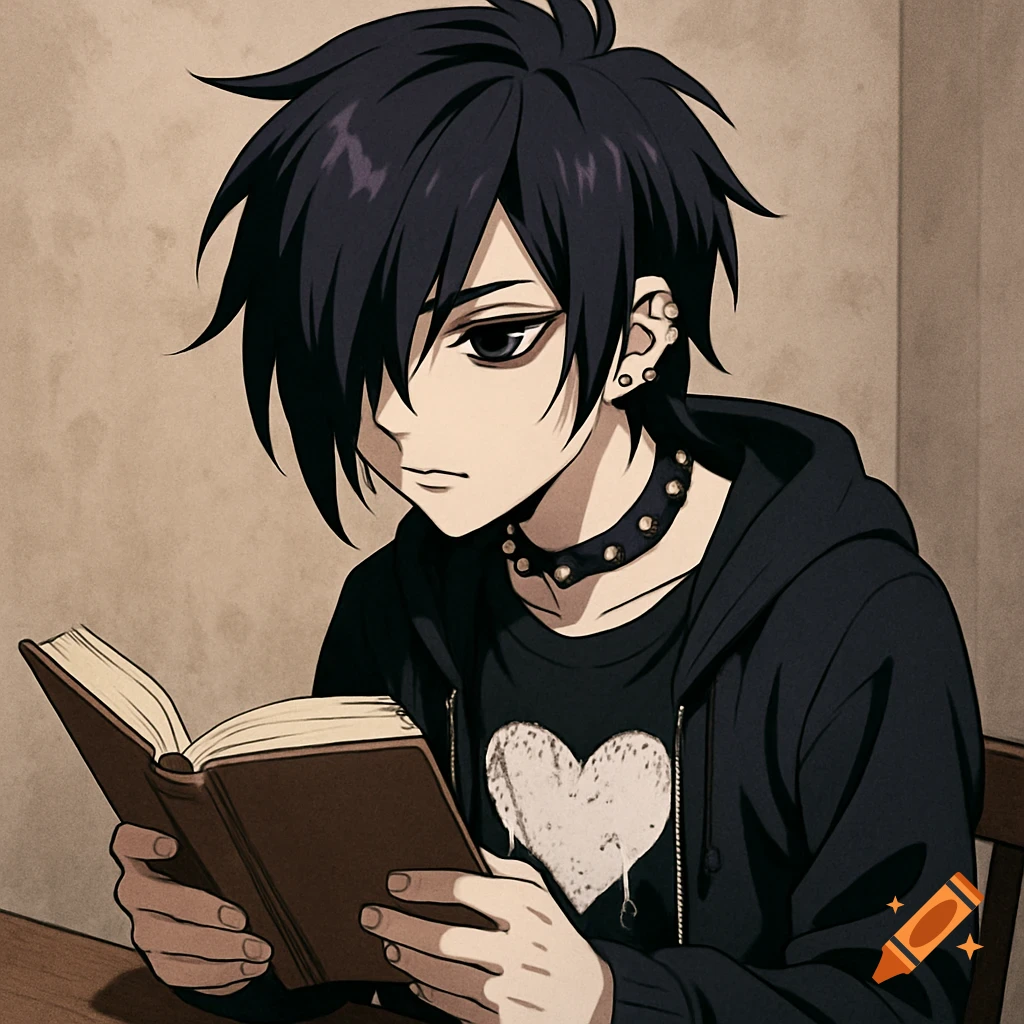 Anime style emo boy with dark hair and studded collar reading a book