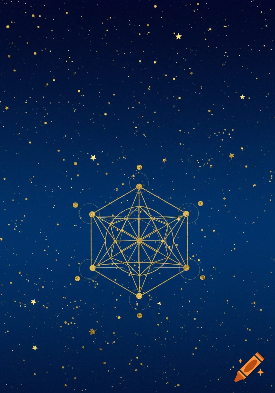 Gold Metatron's Cube on a blue starry background.