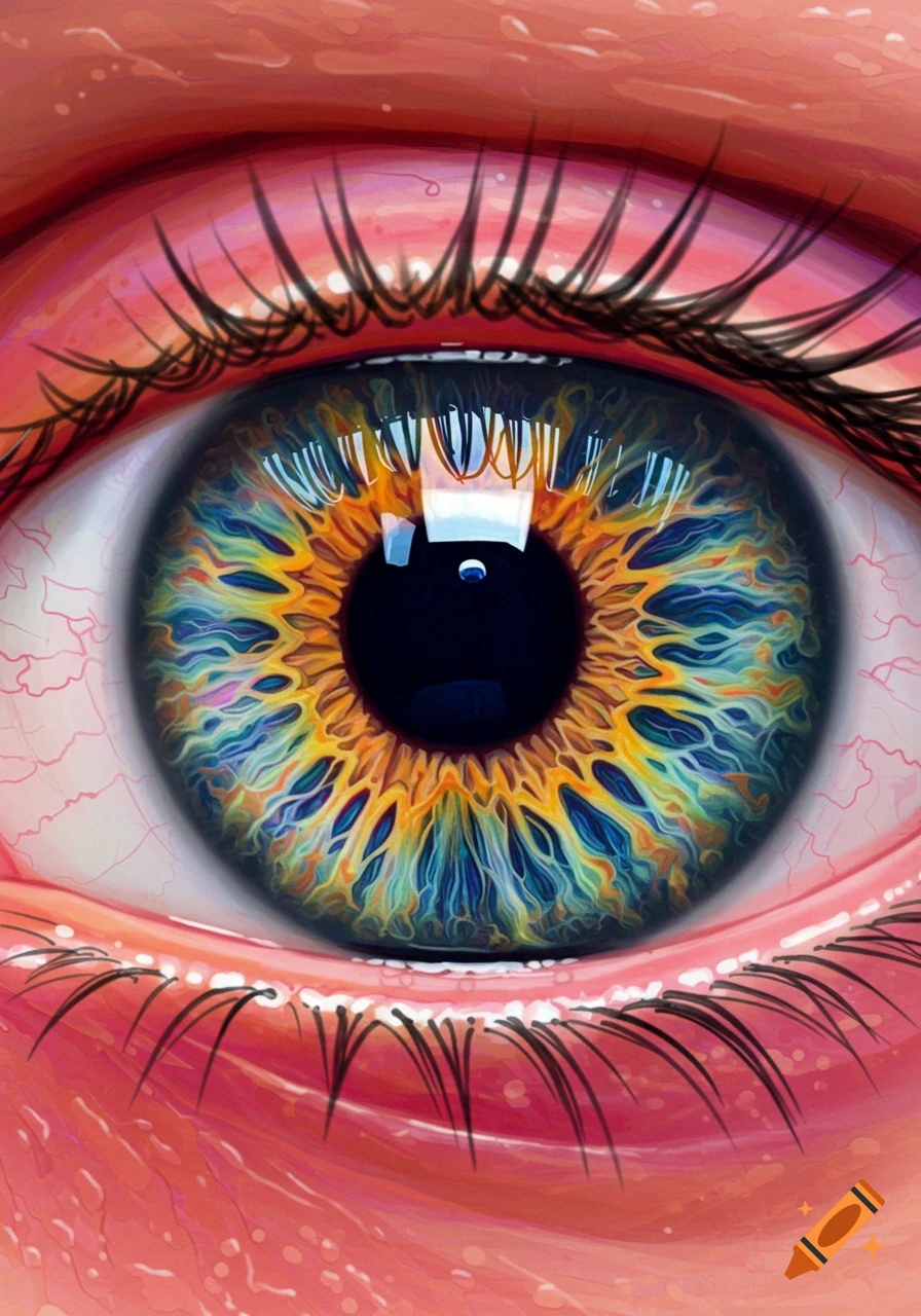 Close up of a colorful eye with a detailed iris pattern.