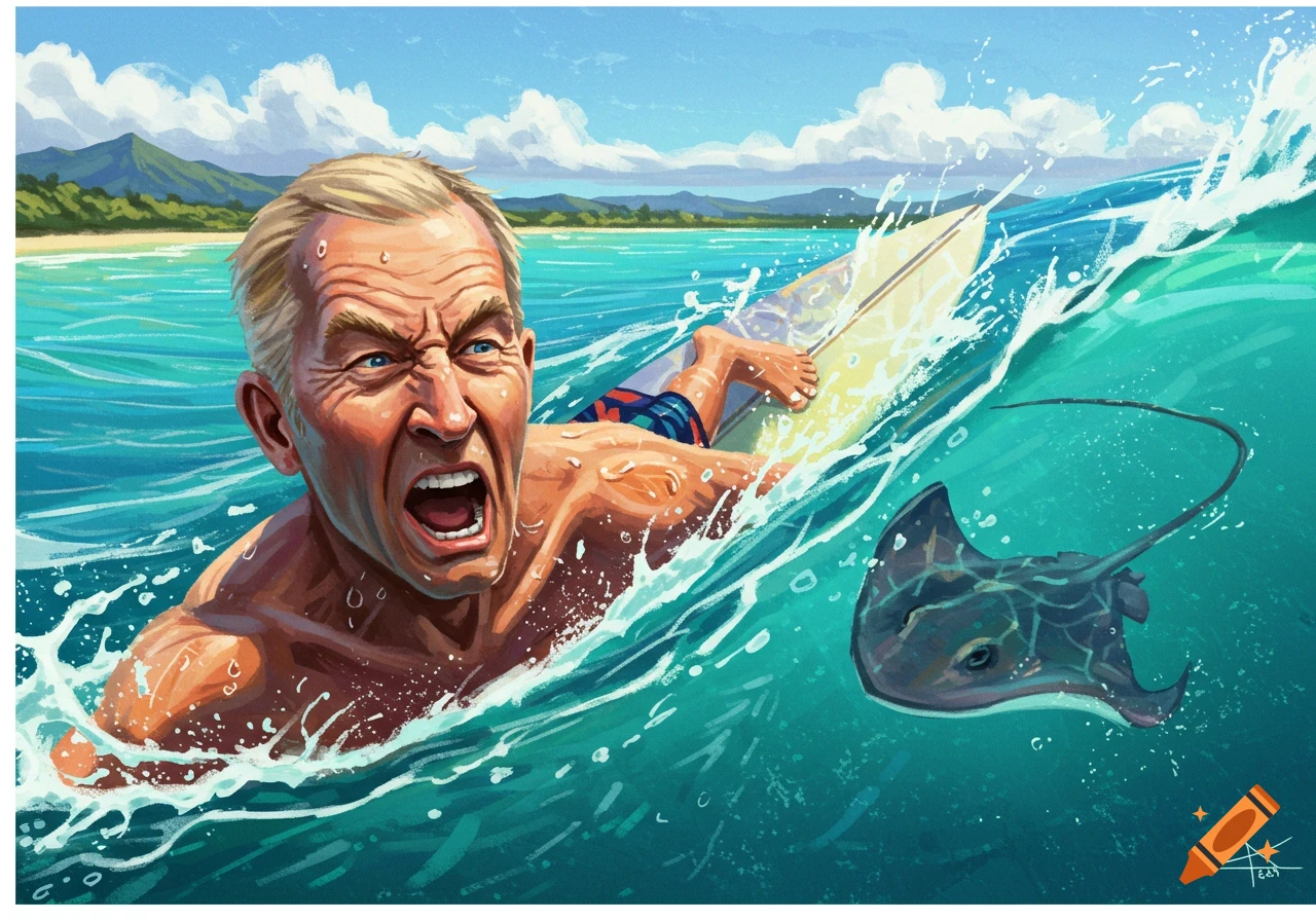 Illustration of a man surfing with a terrified expression as a stingray approaches in the water near a beach.
