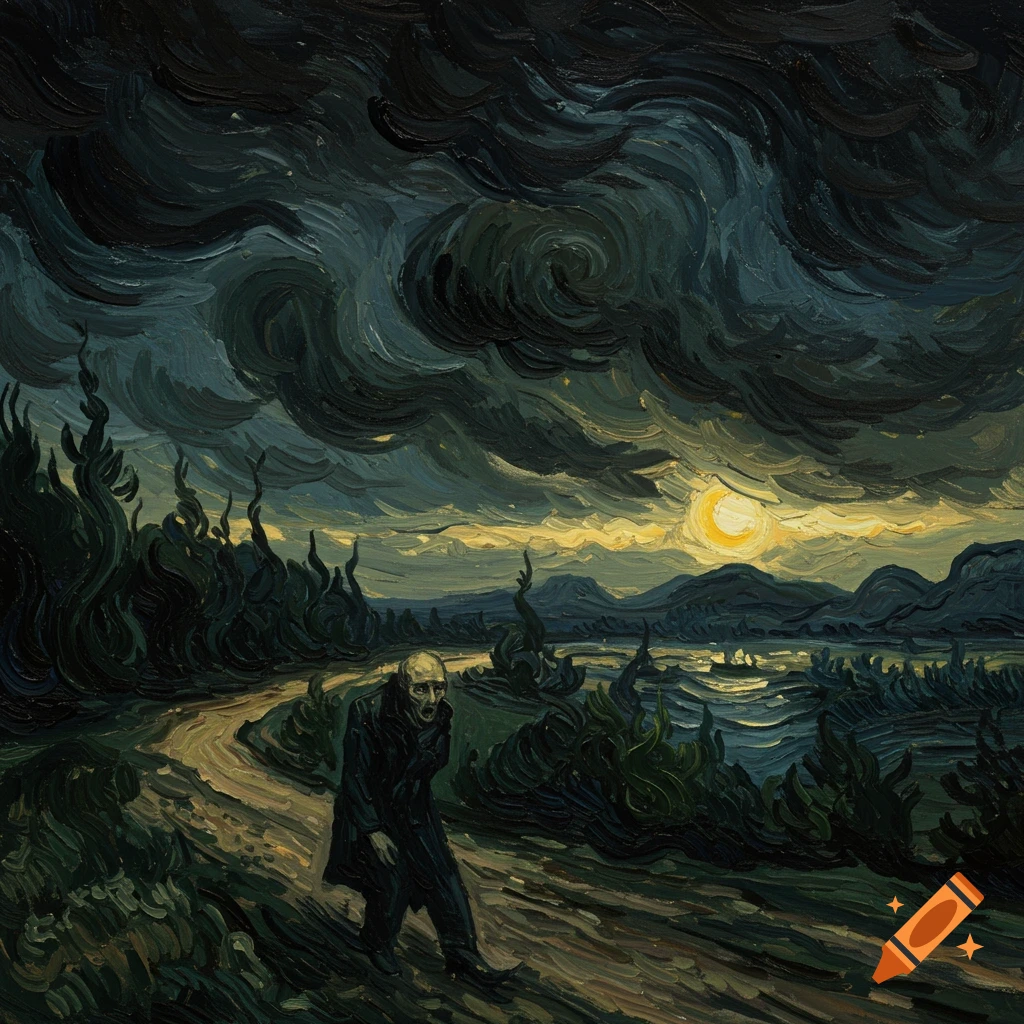 A Van Gogh-style painting of a distressed figure walking on a path under dark, swirling clouds.